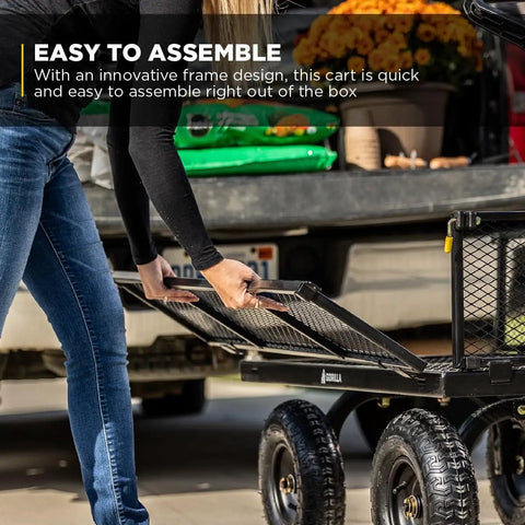 Person assembling Heavy-Duty Steel Utility Cart With 4 Cu Ft Bed And 900 LB Load Capacity, Black Towable Hauling Wagon.