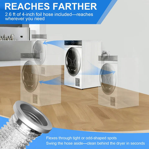 Magnetic Dryer Vent Connector Kit 4-Inch By 31.5-Inch Aluminum Foil Hose With Clamps showing flexible hose and dryer placement