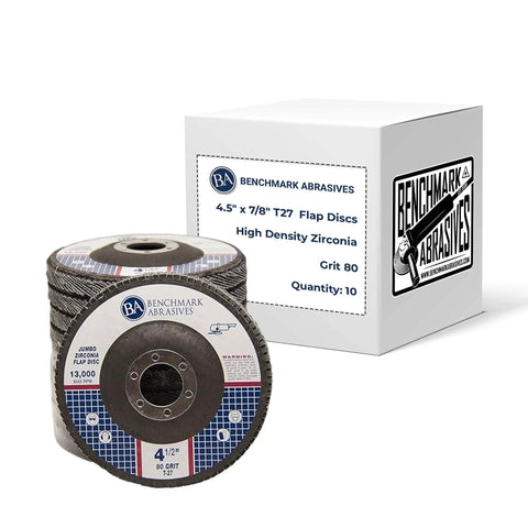 Heavy Duty Jumbo Zirconia Type 27 Flap Discs Four Point Five Inch With Seven Eighths Inch Arbor Eighty Grit Ten Pack High Density For Angle Grinder Blending Beveling Finishing Deburring Rust Removal