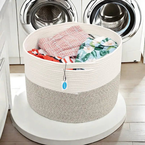 XXXL Cotton Rope Storage Basket With Handles For Blankets Towels And Pillows, Jumbo Woven Laundry Hamper, White And Brown, 22 By 22 By 14 Inches filled with clothes