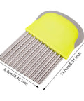 Crinkle cutter knife with yellow handle and stainless steel blade for slicing potatoes and vegetables.
