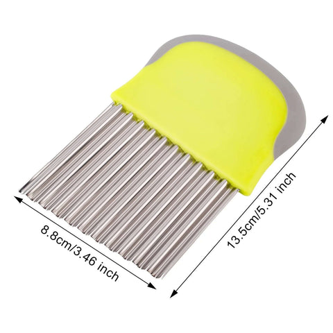 Crinkle cutter knife with yellow handle and stainless steel blade for slicing potatoes and vegetables.