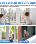 Kid Safe Sliding Door Lock Kit 4 Pack No Drill Childproof Window Locks For Glass Doors Cabinets Closets And Patio Baby Proofing Durable Safety Bar Easy Install Prevent Crawling Out And Accidents shown in use preventing window opening for kids and pets.