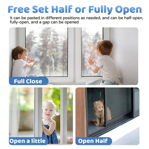 Kid Safe Sliding Door Lock Kit 4 Pack No Drill Childproof Window Locks For Glass Doors Cabinets Closets And Patio Baby Proofing Durable Safety Bar Easy Install Prevent Crawling Out And Accidents shown in use preventing window opening for kids and pets.