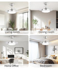 Sleek Retractable Ceiling Fan With Dimmable LED Lights And Remote in modern living room and dining room, brushed nickel trim.