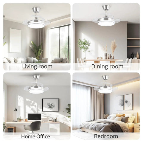 Sleek Retractable Ceiling Fan With Dimmable LED Lights And Remote in modern living room and dining room, brushed nickel trim.