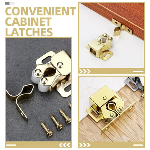 Six Pack Metal Cabinet Door Ball Catches with Rugged Texture and Smooth Golden Finish Spring Latches displayed on wood surface
