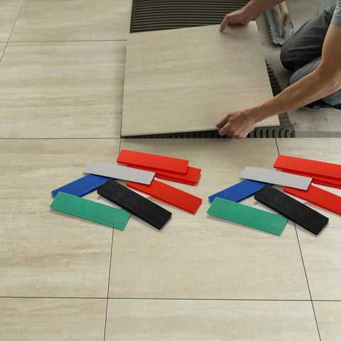 Okllen plastic flat leveling shims for tiles; colorful set in red, blue, green, white, grey, and black