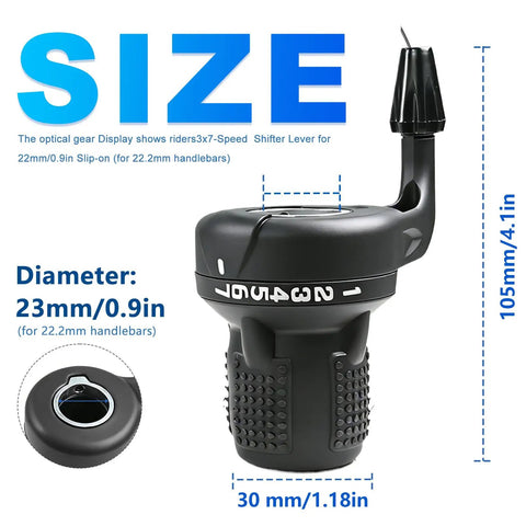 Revoshift 3x7 Speed Shifter Set For Mountain Bikes, diameter 23mm, length 105mm, with non-slip rubber grips and durable build