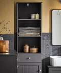 Bathroom Tall Storage Cabinet Freestanding Tower With Shelves And Drawers Multifunctional Corner Unit For Small Spaces Gray Floor Standing Cabinet With Adjustable Shelves Space Saver in bathroom setting