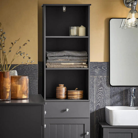 Bathroom Tall Storage Cabinet Freestanding Tower With Shelves And Drawers Multifunctional Corner Unit For Small Spaces Gray Floor Standing Cabinet With Adjustable Shelves Space Saver in bathroom setting