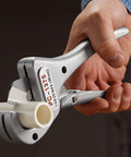 Single Stroke Plastic Pipe Cutter For One Eighth To One And Three Eighths Inch PVC CPVC PP PEX PE Scissor Style Cutter in use