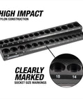 Magnetic Metric Socket Organizer Set For Toolboxes And Rolling Carts showing socket size markings and high impact nylon material.