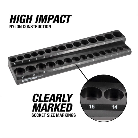 Magnetic Metric Socket Organizer Set For Toolboxes And Rolling Carts showing socket size markings and high impact nylon material.