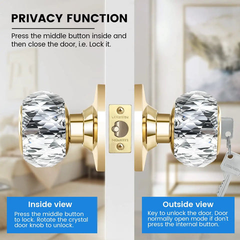 Gold Crystal Door Knobs With Privacy Lock And Keys For Interior Doors Snazzy Diamond Classic Glass Door Knobs, showing inside and outside view.