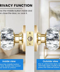 Crystal Glass Door Knob Set With Lock And Keys, 2 Pack Keyed Alike Privacy Door Knobs For Bedroom And Bathroom, Gold Finish, Side View