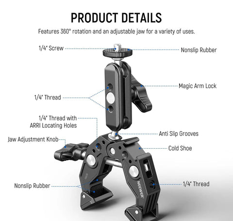 Diagram of Workhorse Heavy Duty Super Clamp with 3 Inch Dual Ballhead Magic Arm, showing threads, anti-slip grooves, and cold shoe.