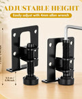 Heavy Duty Adjustable Furniture Leveling Feet L Shaped Leg Levelers 24 Pack Black With Hex Wrench Screw Kit No Sweat Install, showing adjustable height mechanism with dimensions.
