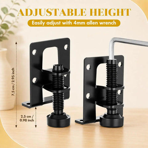 Heavy Duty Adjustable Furniture Leveling Feet L Shaped Leg Levelers 24 Pack Black With Hex Wrench Screw Kit No Sweat Install, showing adjustable height mechanism with dimensions.