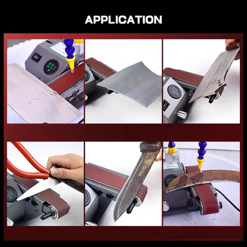 Versatile Wet Dry Belt Sander With Water Attachment For Minimal Dust Grinding And Polishing Metal Wood Plastic Acrylic Stone Adjustable Speed Up To 13000Rpm Includes Ten Abrasive Belts For Precision DIY Projects And Professional Finishing Tasks in action, showcasing various applications.