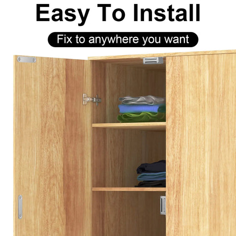 Wooden closet with open doors showing installation of Heavy Duty Magnetic Door Catch Set 24 Pack That Grips Up To 25 Lbs Stainless Steel Cabinet Magnets Latch Hardware For Kitchen Bathroom Cupboard Drawer Wardrobe Closet.