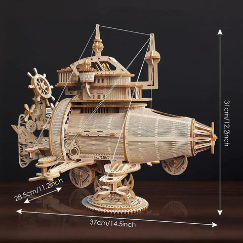 Epic 3D Wooden Puzzle Kit for a Steampunk Spaceship Airship Model Build with dimensions shown