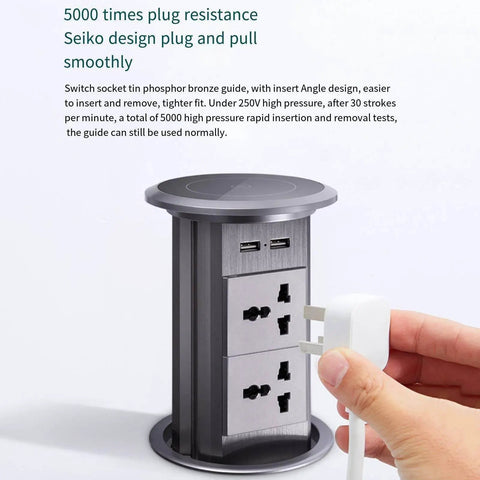 Slick Auto Rising Desk Power Strip With Fast Wireless Charger Tempered Glass Top visible with USB ports and plug insertion.