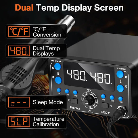 Top-Notch 2-in-1 SMD Hot Air Rework and Soldering Station with LED Display showing dual temperature screens