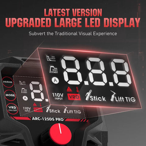 Close-up of 125 Amp Mini Stick Welder With Large LED Display, IGBT Arc Welding Machine showing digital controls and LED features.