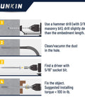 Bi Metal Masonry Screws installation steps with tools and torque instructions for concrete and masonry applications.