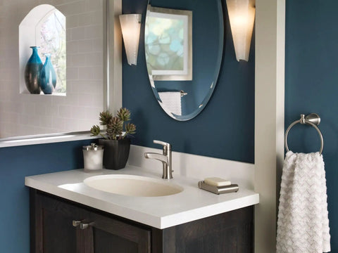 Modern bathroom vanity with Danika Single Handle 1 Hole Bathroom Faucet In Spot Resist Brushed Nickel For A Crisp Clean Look.
