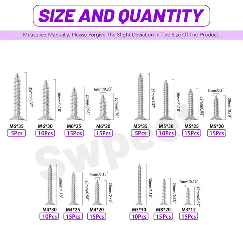 Rock Solid 170 Piece 304 Stainless Steel Screw Kit Packs 14 Sizes M3 To M6 With Tamper Proof Torx Drive and Flat Countersunk Heads For Quick Wood And Soft Metal Projects size chart.