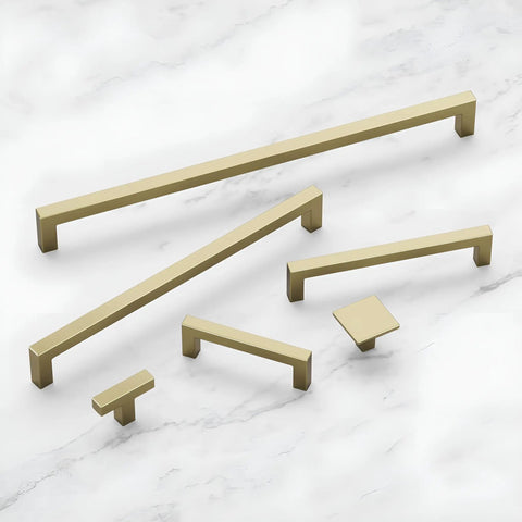 Solid Core Kitchen Cabinet Pulls With Luxe Golden Nickel Finish For Doors And Dressers, 12 Inch Center, hardware set on marble surface