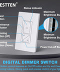 Diagram of Ultra Slim Digital Dimmer Switch With Air Gap Cut Off, labelled controls and functions, white finish.