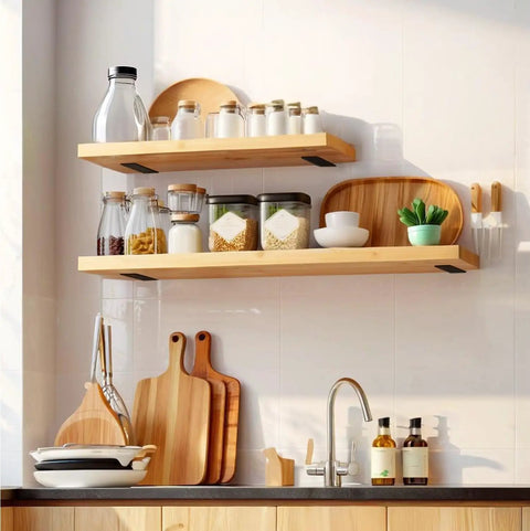 Rock Solid Hidden Floating Shelf Brackets Heavy Duty Black Metal L Bracket Wall Support in kitchen with jars and trays.