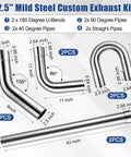 All In One 2.5 Inch Exhaust Pipe Kit With 8 Mandrel Bend Tubes 16ga Mild Steel diagram showing pipe dimensions and angles