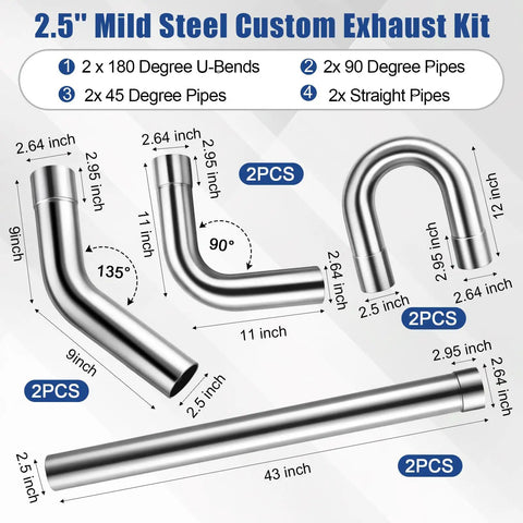 All In One 2.5 Inch Exhaust Pipe Kit With 8 Mandrel Bend Tubes 16ga Mild Steel diagram showing pipe dimensions and angles