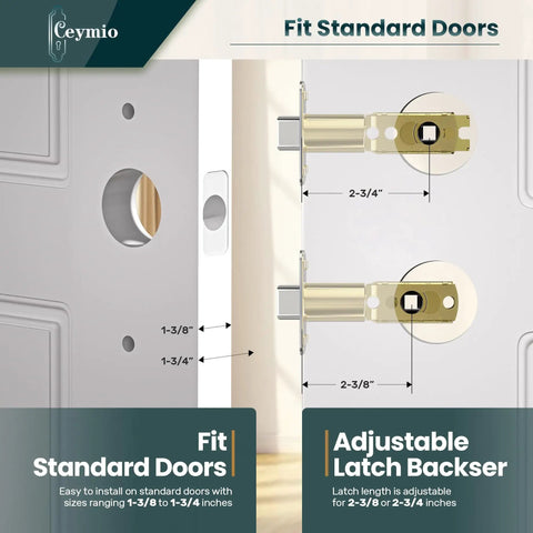 Diagram showing fit for Crystal Door Knob Set With Privacy Lock In Antique Brass Base Glass Door Handle with adjustable backset