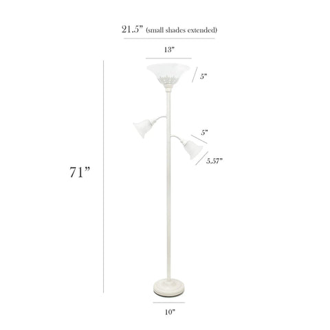 Three Light Floor Lamp With Scalloped Champagne Glass Shades In Restoration Bronze Finish For Living Room Or Reading Nook Includes Main Light And Two Reading Lights Ideal For Cozy Corners And Practical Ambience, full white view with dimensions.