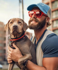 Man wearing a cap and red sunglasses holding a dog outdoors
