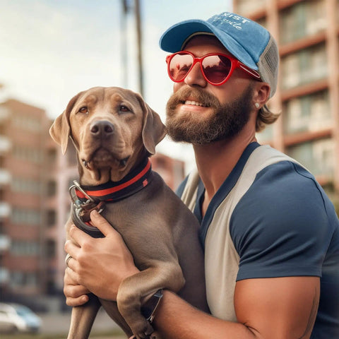 Man wearing a cap and red sunglasses holding a dog outdoors