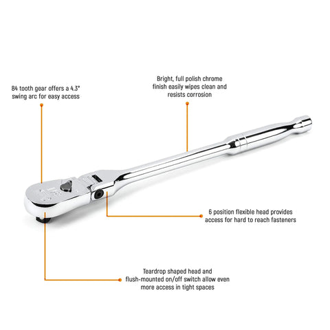 Quarter Inch Drive 84 Tooth Flex Head Teardrop Ratchet 7 Inch with Enclosed Head and Flush On Off Switch for Tight Spots, shown in detail.