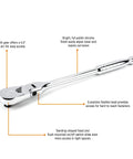1/2 Inch Drive 84-Tooth Flex Head Teardrop Ratchet 17 Inch Long With Enclosed Head For Dirt Resistance And Flush On Off Switch shown