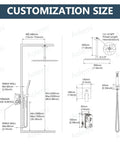 Dimensions diagram for ceiling mount shower system with rain shower head and handheld spray, matte black finish, 12 inch