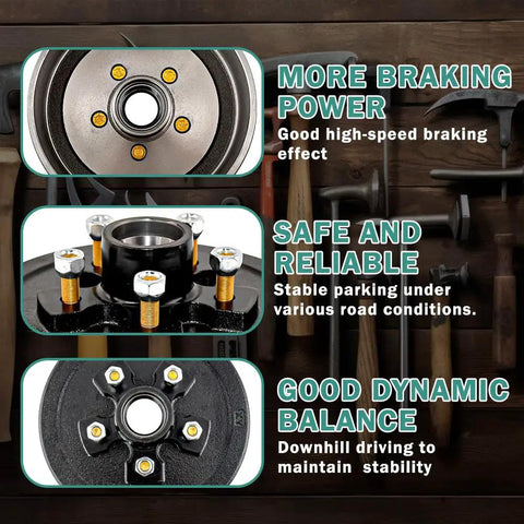 Built To Rock 10 X 2-1/4 Inch Trailer Brake Drum And Hub Assembly For 3500 Lbs Axle close-up showing braking power and reliability features.