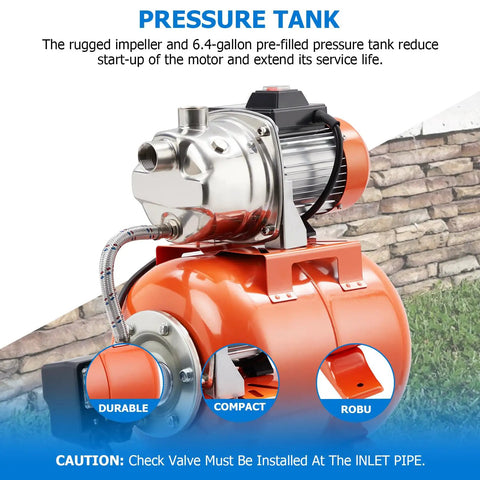 1 HP Shallow Well Pump With Stainless Steel Pressure Tank 950 GPH 115V Auto Pressure Switch Winter Proof Design