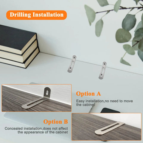 Metal brackets for drill installation on a tabletop, option A and B, with books and plant, No Drill Furniture Wall Anchors Set.