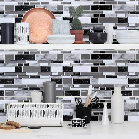 Peel And Stick Backsplash Wallpaper For Kitchen With 3D Look Tile Contact Paper Waterproof No Fuss Easy To Clean Oil Proof Heat Resistant 17.7In X 196.8In 24.22 Sq Ft Roll, black and white tile design behind kitchen shelves.