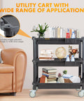 Multi Use Utility Cart With Three Deep Shelves Heavy Duty Service Cart Industrial Grade Tool Organizer, loaded with books and décor