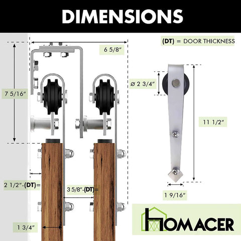 Brushed Nickel Double Track Bypass Sliding Barn Door Hardware Kit For Two Doors 6.6ft Flat Track U Shape dimensions shown